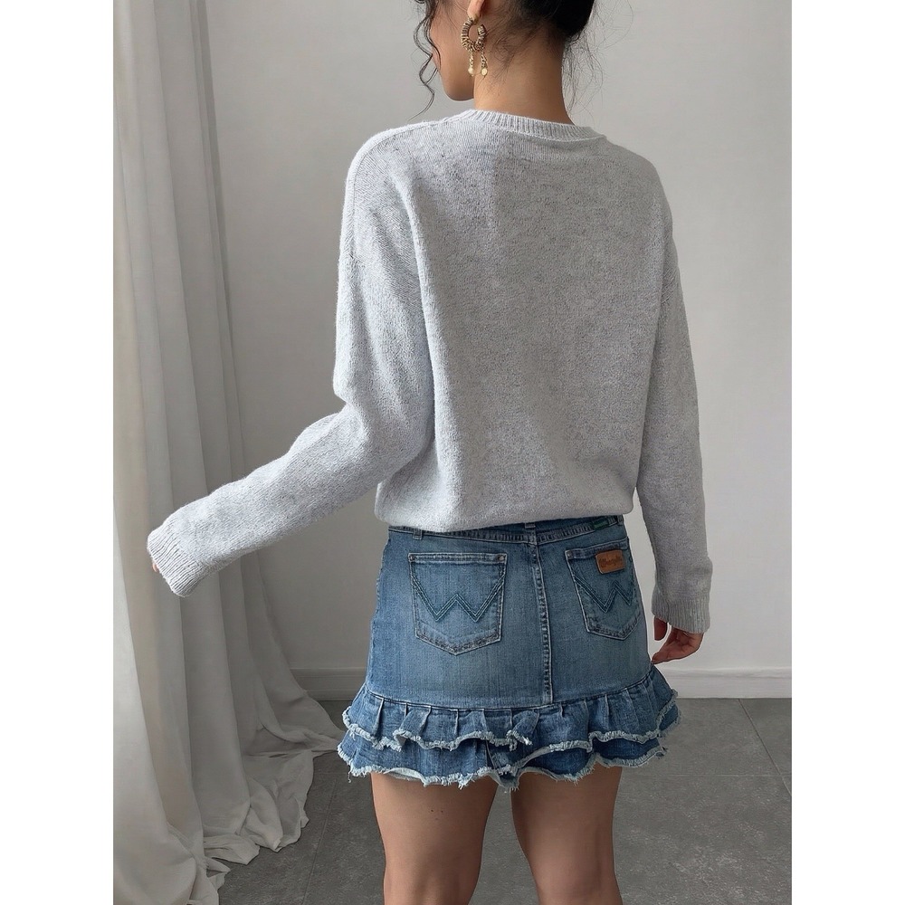 Vtg Y2k 90s Denim Ruffle Mini Skirt Western Country‎ Distressed Grunge Cowgirl
